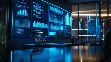 Obraz premium Laptop on a desk in a modern office interior with blue charts, graphs and analytics dashboards on the wall. corporate company success report analyzing, marketing and sales statistics, nobody.