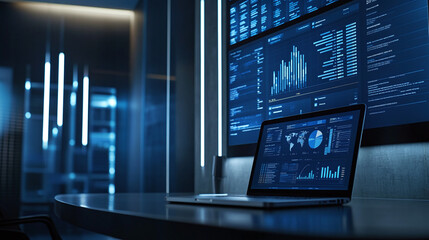 Laptop on a desk in a modern office interior with blue charts, graphs and analytics dashboards on the wall. corporate company success report analyzing, marketing and sales statistics, nobody.