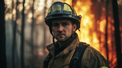 Male firefighter standing outdoors in front of the raging fire in the woods, or forest, looking at the camera. the adult fireman is wearing a working uniform and a helmet, serious face expression.