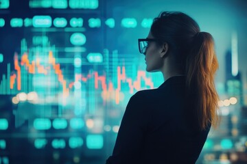 A focused businesswoman analyzes digital financial data in a modern office. The background displays stock market trends, showcasing her dedication to investment strategies.