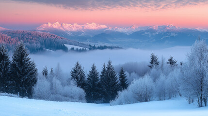 Obraz premium Morning misty sunrise on the snowy and rocky mountains peaks range panorama landscape photography. foggy and cloudy winter alps top.