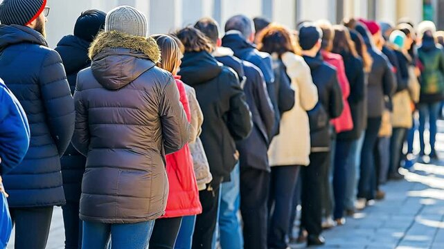 A long queue of people stands in thick coats on a chilly day in Europe. Concept of waiting and social order.