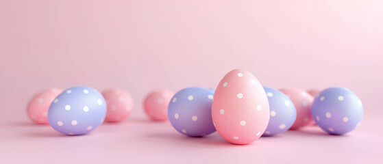 Obraz premium Easter background, easter eggs banner in pink and lilac shades with white dots on pink background with space for text.