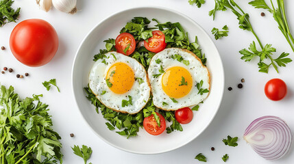 Top view of two fried eggs in a pan placed on the white kitchen table. healthy protein food for morning meal or breakfast, organic tasty farm product serving, delicious white and yolk, onion, tomato.
