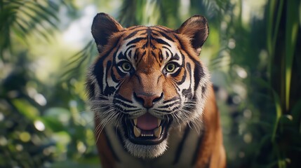 Obraz premium Close-up of a tiger in a lush jungle setting.