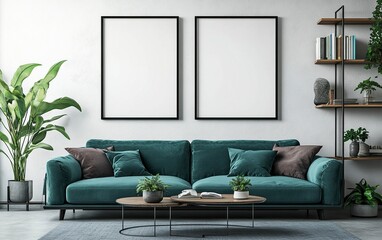 A modern living room with two large black frames on the wall above an emerald blue sofa. The frames are blank for mockups. Plants and books are arranged around them, with shelves in the background.