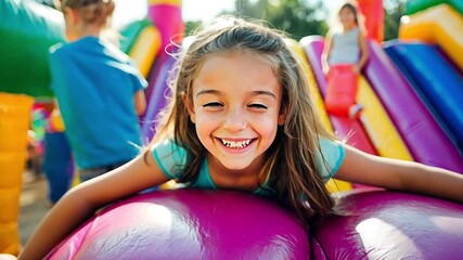 A cheerful young girl with long brown hair smiles while lying on a colorful inflatable playground. Concept of childhood joy, outdoor fun, and playful activities.