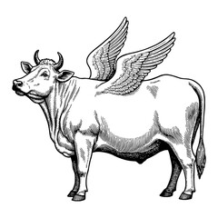 A Cow with Wings Side View Black and White Outline Line Art Drawing Style Detailed Illustration