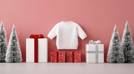Winter Ecommerce Campaigns. A cozy white sweater is displayed among festive gifts and snowy trees against a pink backdrop, creating a cheerful holiday atmosphere.