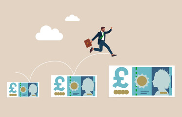 Man running on pound sterling banknotes arranged in a row. Extensive financial or economic growth. Profit from the stock market or investment. Vector illustration.