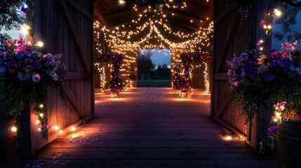 Enchanting outdoor venue adorned with fairy lights and floral decorations, perfect for events
