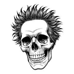 Obraz premium Skull with Punk Hair Style Detailed Black and White Outline Line Art Drawing Illustration 