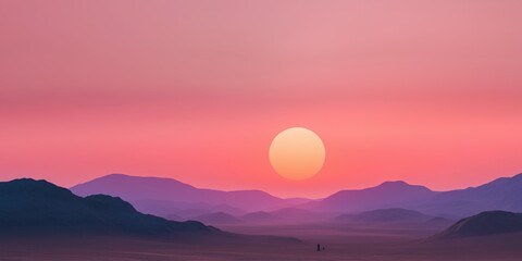 Fototapeta premium A beautiful sunset over a desert landscape with a large sun in the sky. The sky is a mix of pink and purple hues, creating a serene and peaceful atmosphere. The sun is positioned low in the sky