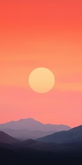 A sunset over a mountain range with a large sun in the sky. The sky is orange and the mountains are in the background