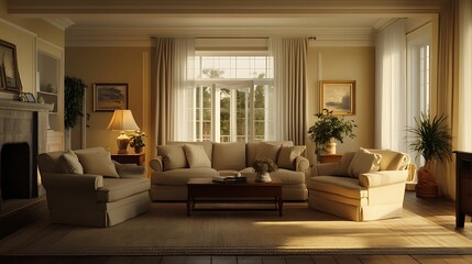 Fototapeta premium Cozy spacious living room sunlit warm ambiance plants and stylish decor