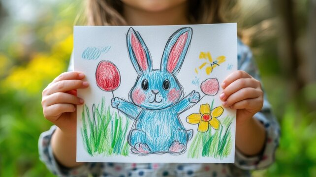 Close-up of a young child's hands holding a colorful Easter bunny drawing, showcasing creativity and holiday spirit