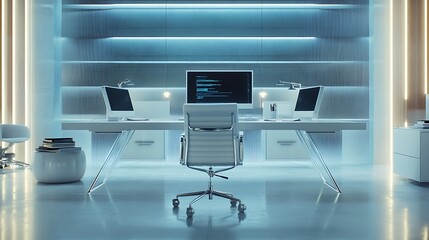 Cutting edge office design sleek furnishings bright lighting futuristic professional space