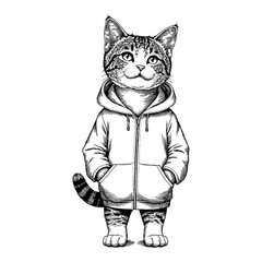Fototapeta premium Detailed Cat Humanoid Wearing Hoodie Black and White Outline Line Art Drawing Illustration