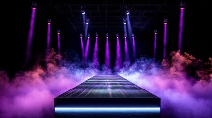 A detailed representation of a long podium view, illuminated by colorful floodlights and neon lamps in smoke, with a catwalk design highlighted by purple lights against a black background