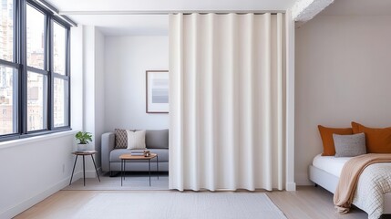 Modern tiny apartment with a sliding wall to separate living and sleeping areas, maximizing privacy