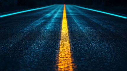 A mesmerizing journey down a wet road at night, illuminated by vibrant blue and yellow lights