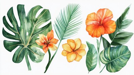 Colorful tropical flowers and leaves arranged artistically on a bright background