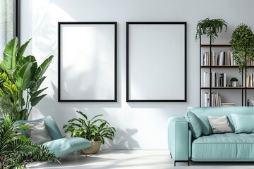 A photograph of two black picture frames with blank white canvases on the wall in a living room, a turquoise sofa and a bookshelf nearby, plants around, a minimalist interior design, bright daylight, 