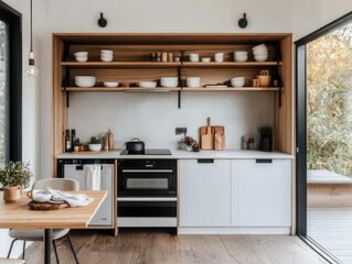 Fototapeta premium Tiny home kitchen with foldable dining table, wallmounted storage, and efficient organization, modern smallspace living