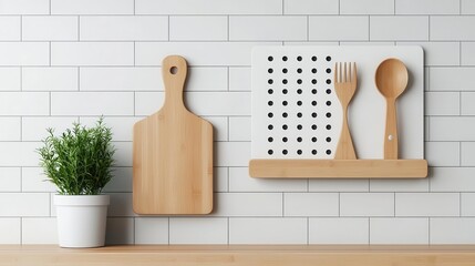 Creative pegboard wall storage in a small kitchen, maximizing functionality while maintaining aesthetics