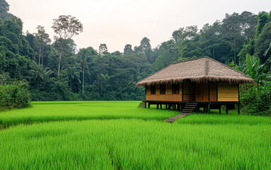 Obraz premium Rural beauty tranquil rice field house in scenic tropical forest