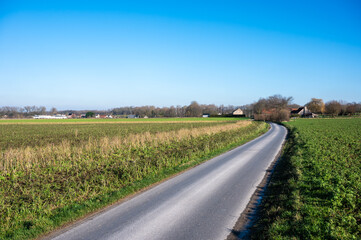 Bending asphalt road through green agriculture field in winter, Merchtem, Pajottenland, Belgium