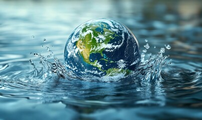 Earth globe emerging from water surface creating splashing waves, symbolizing water resources, conservation, and environmental awareness