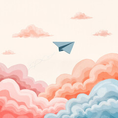 Obraz premium Playful paper airplane soaring through pastel clouds, whimsical freedom