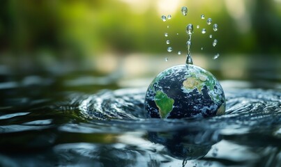 Miniature earth model in water with droplets splashing, highlighting water's significance for planet and promoting conservation