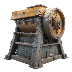 A heavily weathered and aged industrial rock crushing machine sits against a black background, showing significant signs of wear and tear.
