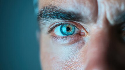 Close up of a mature Caucasian man's intense blue eye with focused expression