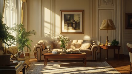Elegant cozy living space with sunlit charm and decorative indoor plants