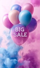 Colorful balloons with big sale message floating on a colorful smoke background, perfect for advertising promotions