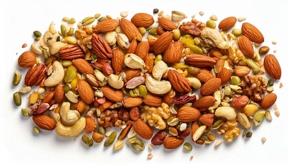 Mixed nuts and seeds healthy food isolated on white background