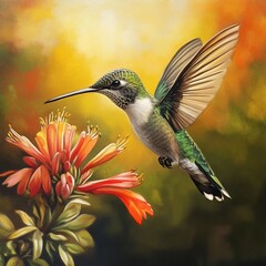 Fototapeta premium A Hummingbird's Graceful Flight Near Vibrant Orange Flowers in a Golden Sunset