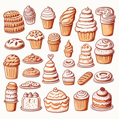 Set of bakery doodle illustration on white background. Hand-drawn bakery elements vector collection.