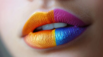 Creative lip art featuring bold colors in a striking split design during makeup session