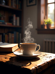 "Steaming Cup of Coffee on Rustic Wooden Table in Cozy Sunlit Library"