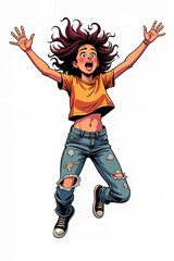 A joyful, energetic comic-style illustration of a young woman with a casual, urban style, likely a student or artist, jumping with excitement.