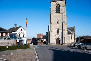 The Saint Stephen catholic church in the village center of Brussegem, Merchtem, Belgium