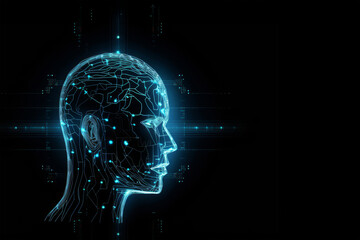 Futuristic holographic head with glowing digital circuits and neural connections on dark background. Concept of artificial intelligence, machine learning and cyber technology