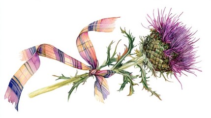 Beautiful thistle flower with vibrant purple blooms and a colorful ribbon tied around the stem against a white background