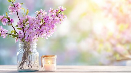 Spring blossoms in glass jar, candle, sunny garden