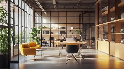 Elegant professional office stylish wooden desk soft ambient lighting contemporary