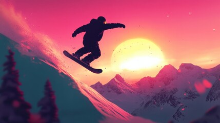 Obraz premium Dynamic Snowboarder in Sunset Glow Over Snowy Mountain Range